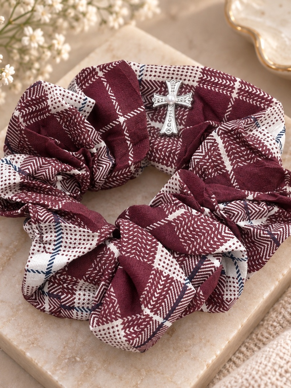 Plaid Maroon & Cream Scrunchie with Silver Cross Accent